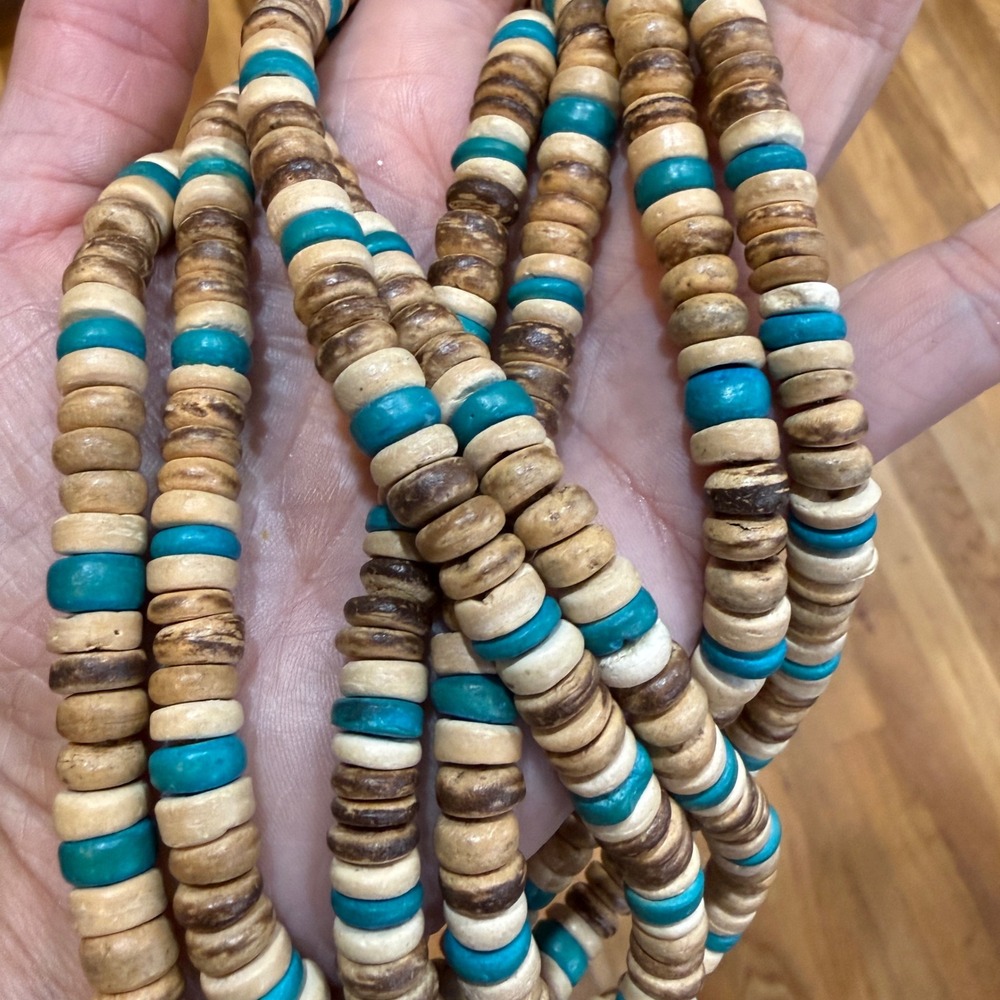 Vintage Boho Wood and Turquoise Heishi Bead Long Strand Necklace 30 Inch